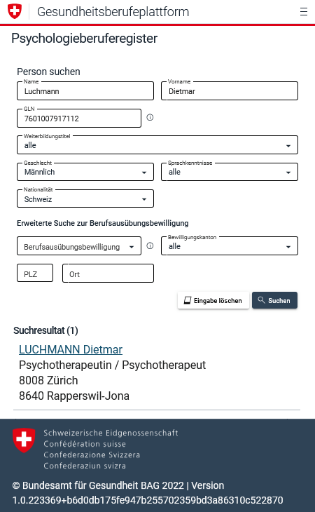Psychologieberuferegister Schweiz Psychotherapeut Dietmar Luchmann Rapperswil Zürich